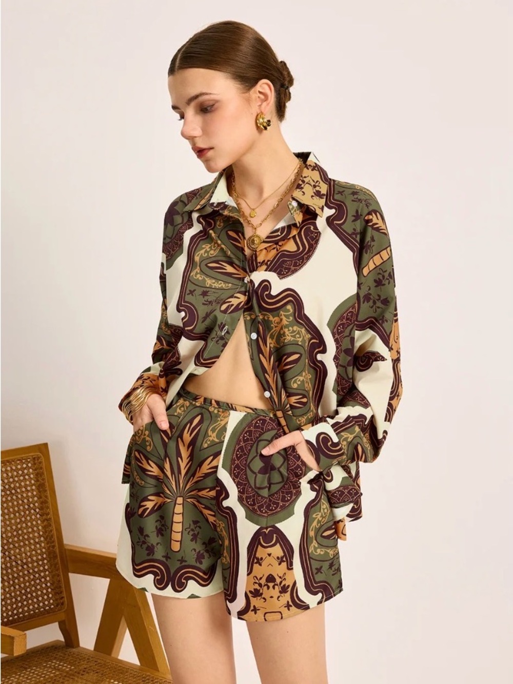 Commense Printed Button-Down Shirt & Shorts Set